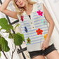 ADORA Short Sleeveless Flower Top: colorful knit with white collar, blue stripes, crocheted flowers