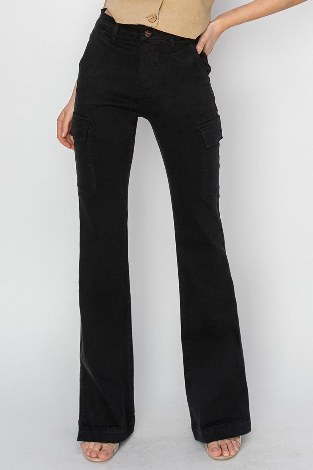 RISEN Full Size High Rise Side Slit Cargo Bootcut Jeans Jeans