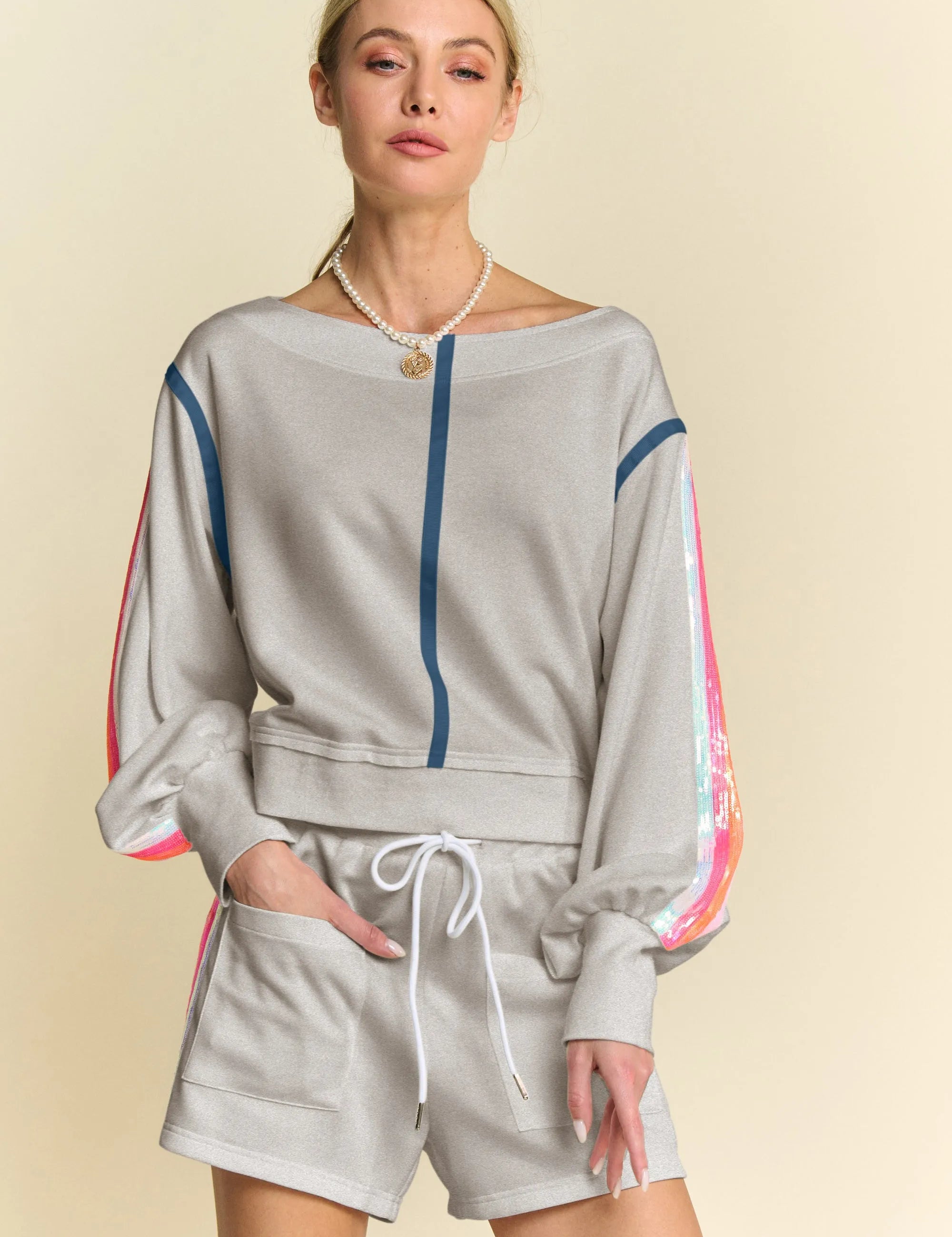 Davi & Dani Sequin Stripe Long Sleeve Top And Short Pants Set | Outfit Sets Daverri Fashions
