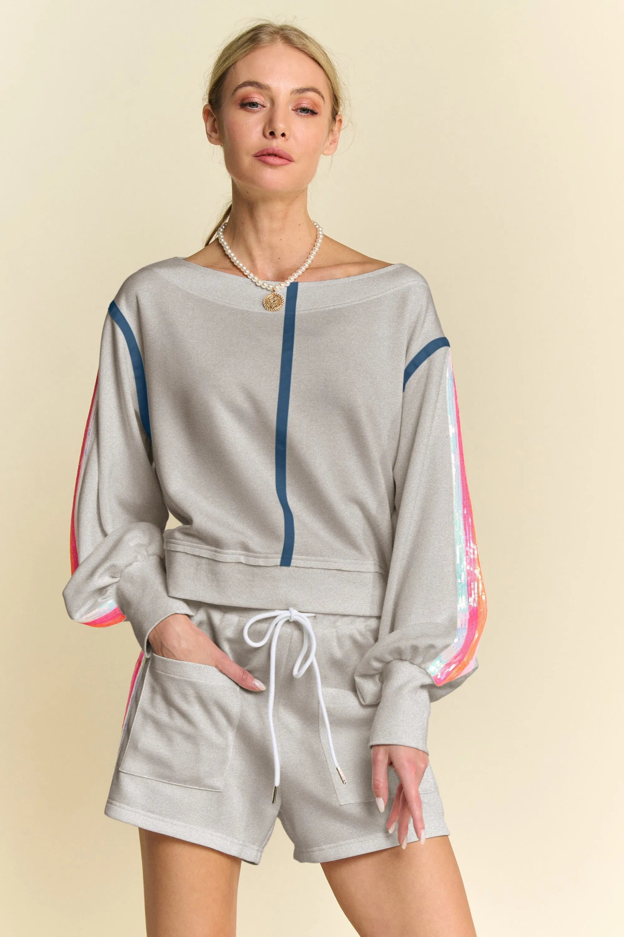 Davi & Dani Sequin Stripe Long Sleeve Top And Short Pants Set Shorts Sets