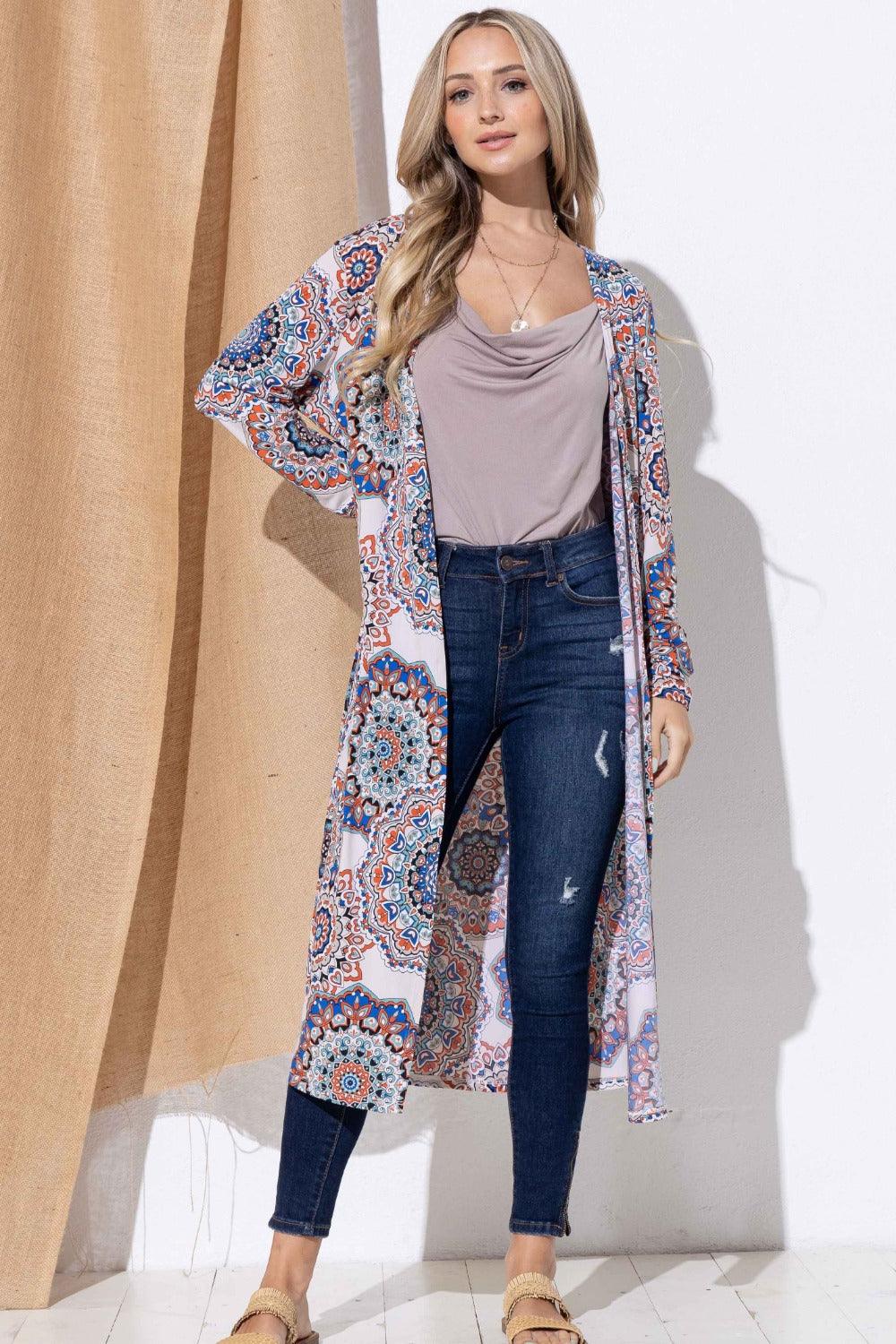 And The Why Printed Kimono Open Front Longline Cardigan | Cardigans Daverri Fashions