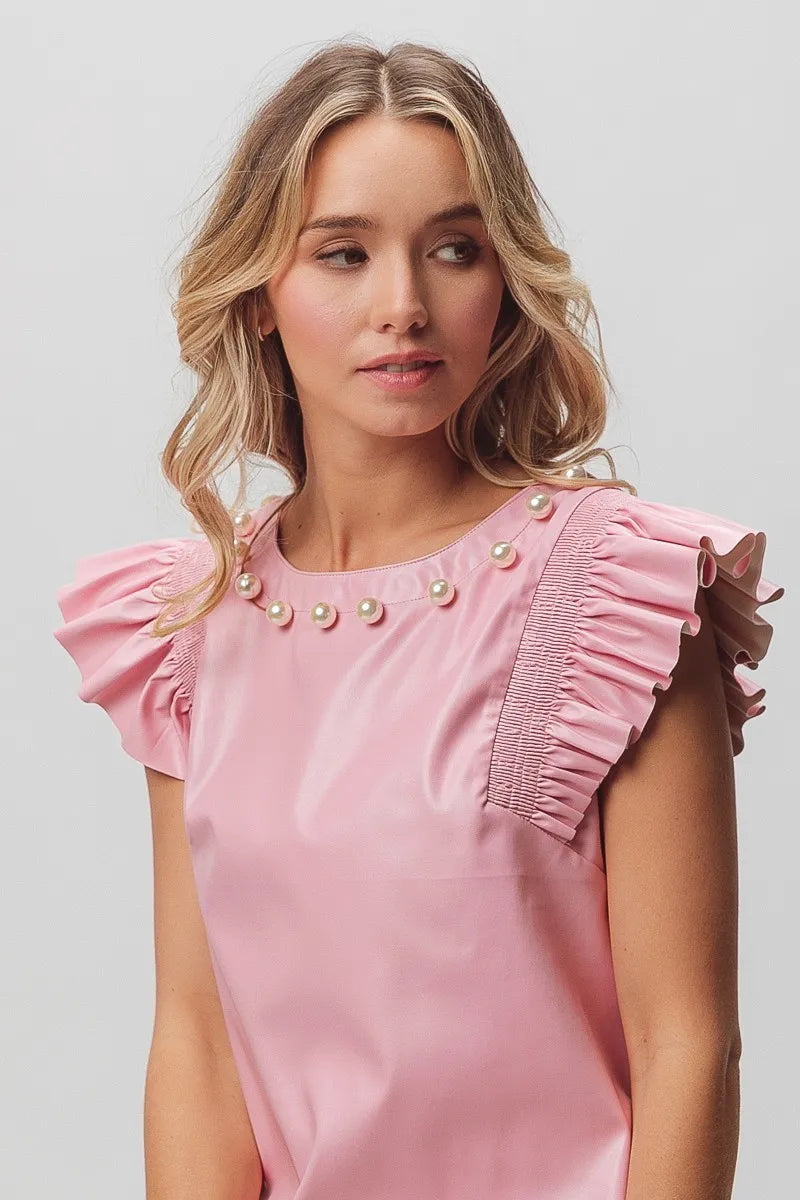 BiBi Leather Look Smocked Ruffled Top Tops