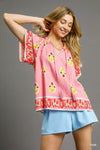 Pink Umgee Boho Bloom Border Top with embroidered floral patterns