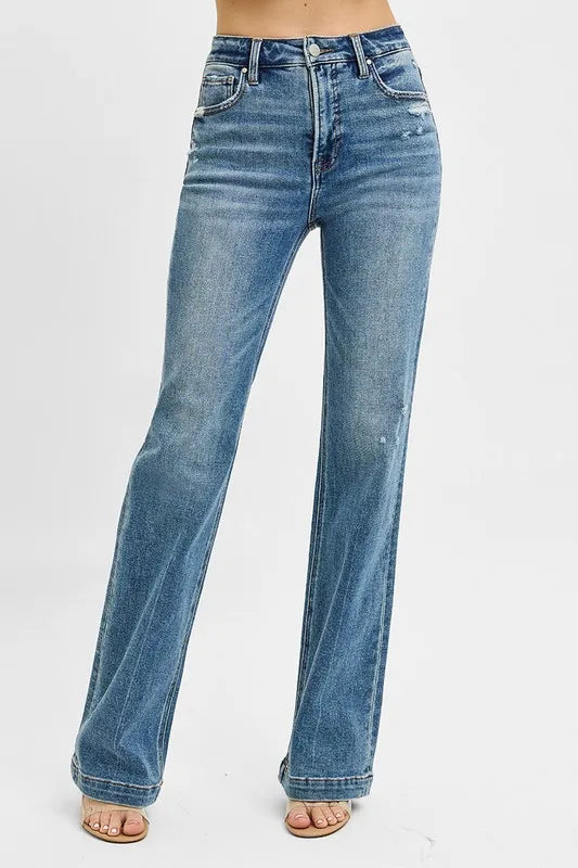 RISEN Full Size Distressed Detail Bootcut Jeans Plus Size | Jeans Daverri Fashions