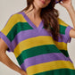 Vibrant purple, green, yellow striped V-neck knit sweater top