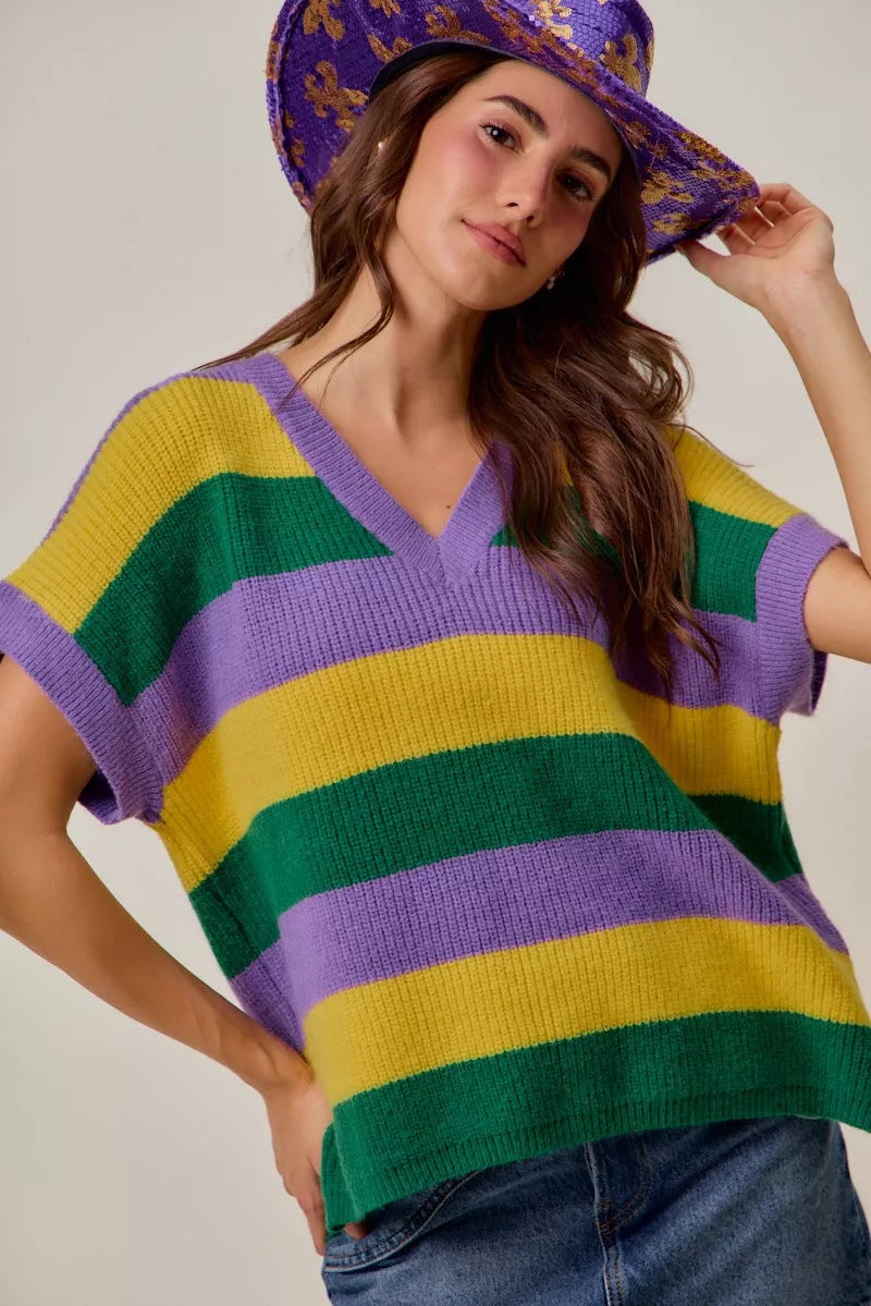 Vibrant purple, green, yellow striped V-neck knit sweater top