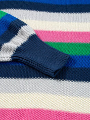 Rainbow Striped Crew Neck Drop Shoulder Sweater with vibrant pink, green, white, and royal blue stripes, navy cuffs and collar