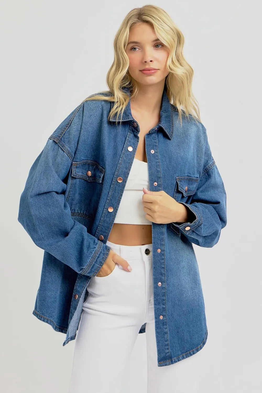 RISEN Full Size Snap Down Long Sleeve Denim Shacket Shackets