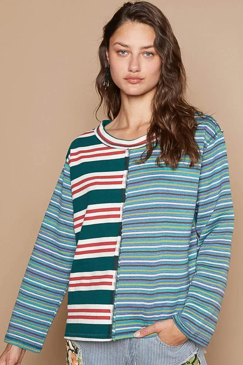POL Color Block Striped Round Neck Long Sleeve T-Shirt - DAVERRI FASHIONS