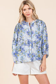 Mittoshop Flower Print Batwing Sleeve Button Down Blouse Blouses