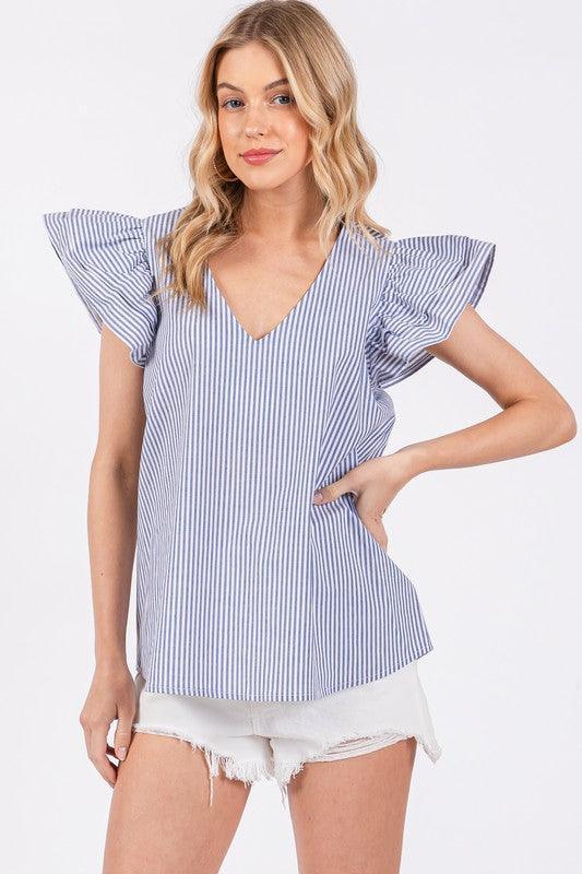 Ces Femme Striped V-Neck Ruffled Cap Sleeve Blouse - DAVERRI FASHIONS