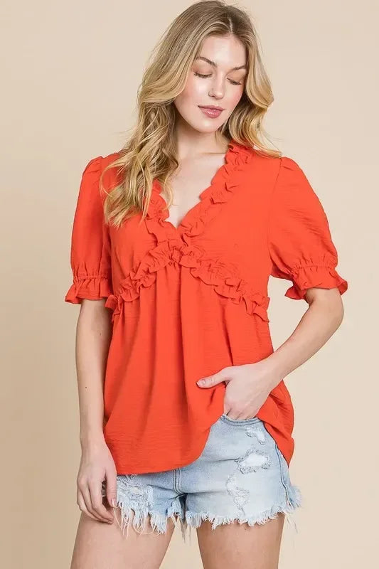 Lime 'N' Chili Solid Ruffled Deep V-Neck Puff Sleeve Babydoll Top - DAVERRI FASHIONS