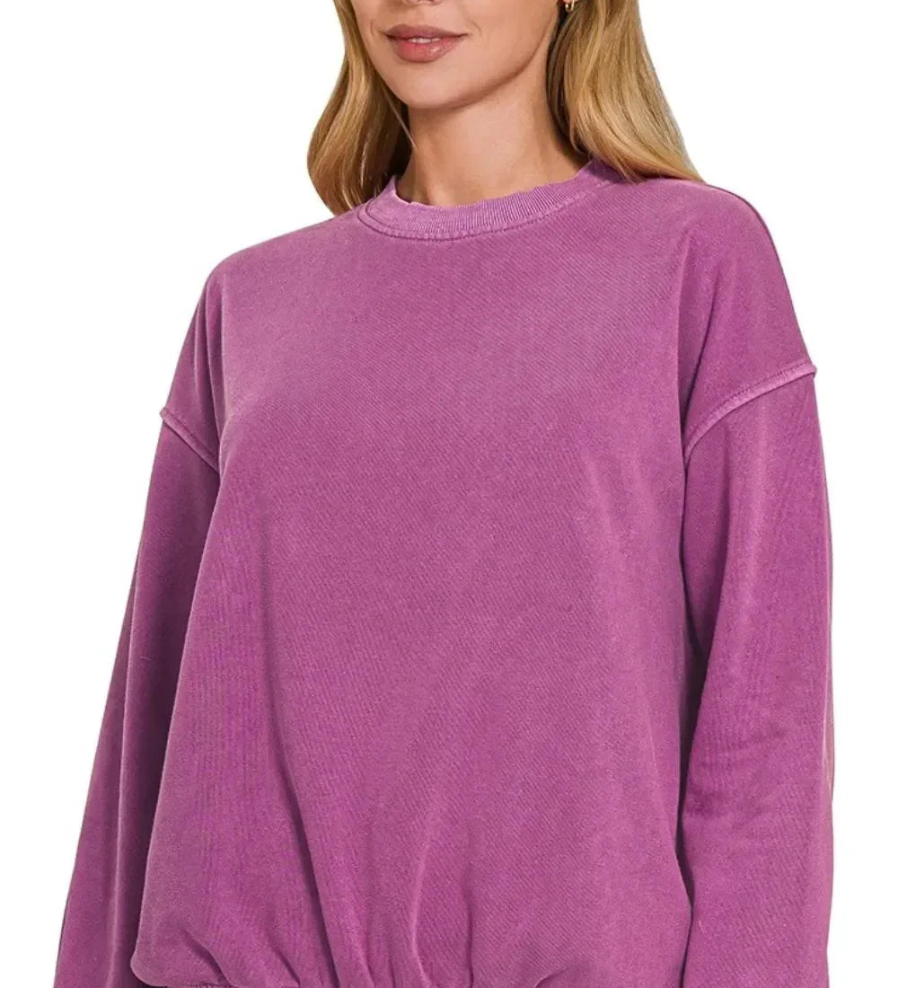 Zenana Soft Fleece Pigment Dye Round-neck Sweatshirts Lt Plum - DAVERRI FASHIONS