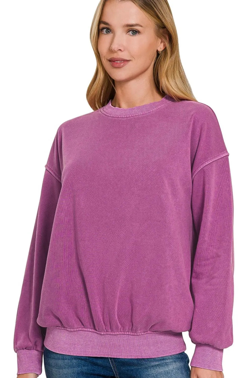 Zenana Soft Fleece Pigment Dye Round-neck Sweatshirts LT PLUM Sweatshirts