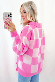 Pink Checkerboard Half Button Collared Drop Shoulder Sweater | Sweaters & Cardigans/Sweaters Daverri Fashions