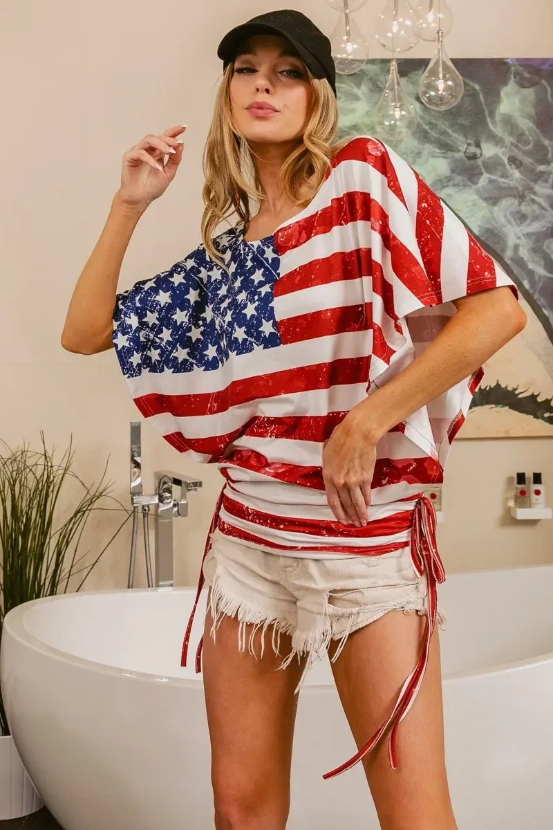 BiBi American Flag Printed Side Ruched Details Knit Top - DAVERRI FASHIONS