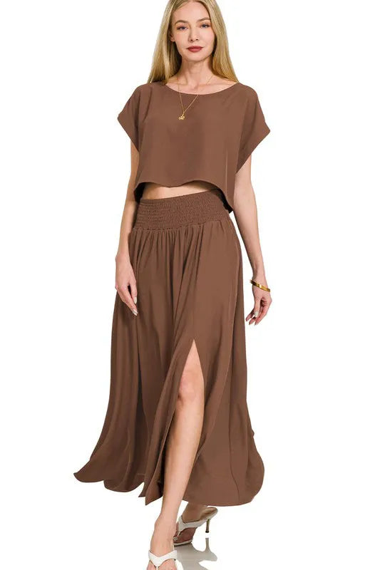 Zenana Heavy Woven Span Crop Tee & Skirt Set BROWN M