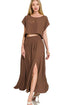 Zenana Heavy Woven Span Crop Tee & Skirt Set BROWN M