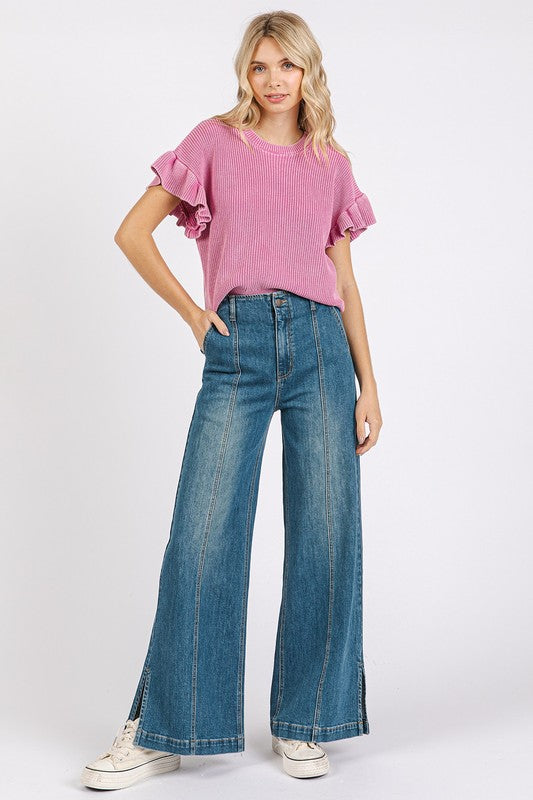 Mittoshop Medium Wash Seam Detail Wide Leg Denim Jeans Jeans