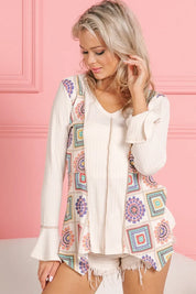 BiBi Granny Square Print Contrast Annie Rib V Neck Top | Tops Daverri Fashions