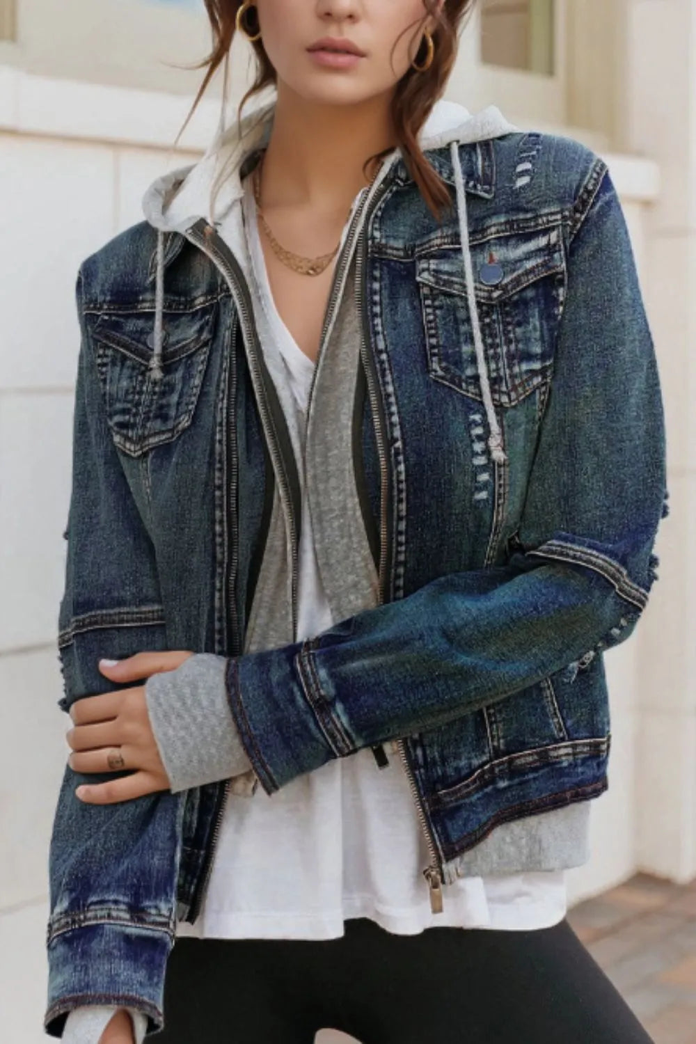 Dark Blue Faux Two-Piece Hooded Zip-Up Denim Jacket | Denim Jackets Daverri Fashions