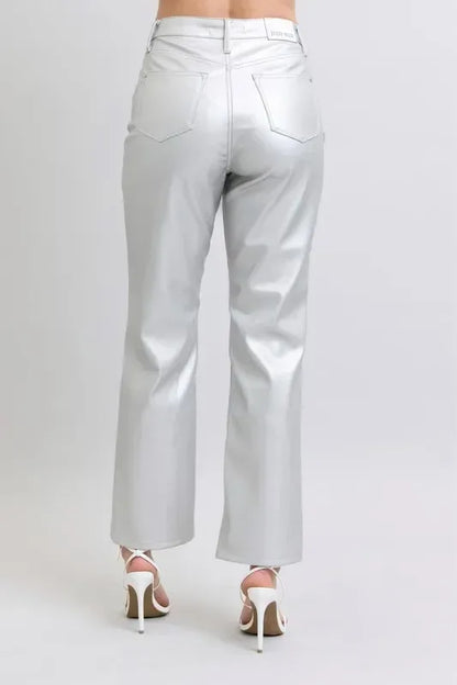 Judy Blue Full Size High Waist Silver Faux Leather Pants Plus Size - DAVERRI FASHIONS