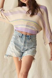 Contrast Striped Round Neck Three-Quarter Sleeve Top | Knit Tops Daverri Fashions