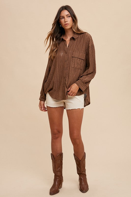 Annie Wear Openwork Button Down Drop Shoulder Shirt Tops