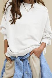White Side Slit Round Neck Long Sleeve Sweatshirt | Sweatshirts Daverri Fashions