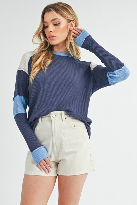 Aemi + Co Raw Seam Color Block Round Neck Knit Top Tops