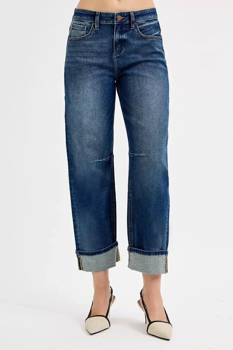 RISEN Slouchy Crop Barrel Cuffed Jeans - DAVERRI FASHIONS