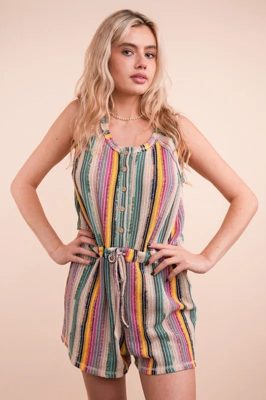 VERY J Crochet Multi Color Striped Casual Summer Romper Natural Mix Rompers
