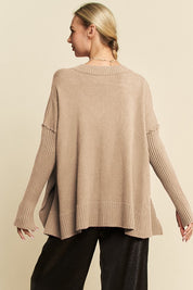 Davi & Dani Ribbed Side Slit V-Neck Sweater Tops