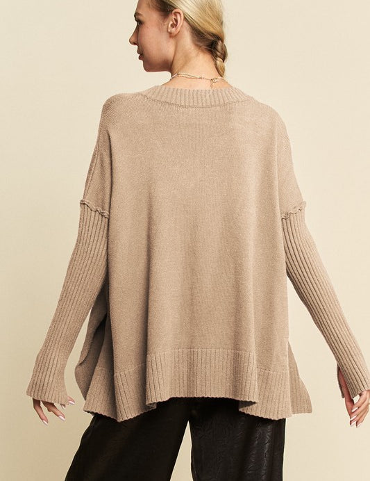 Davi & Dani Ribbed Side Slit V-Neck Sweater Tops