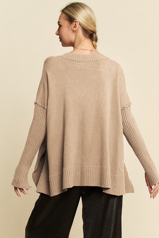 Davi & Dani Ribbed Side Slit V-Neck Sweater Tops