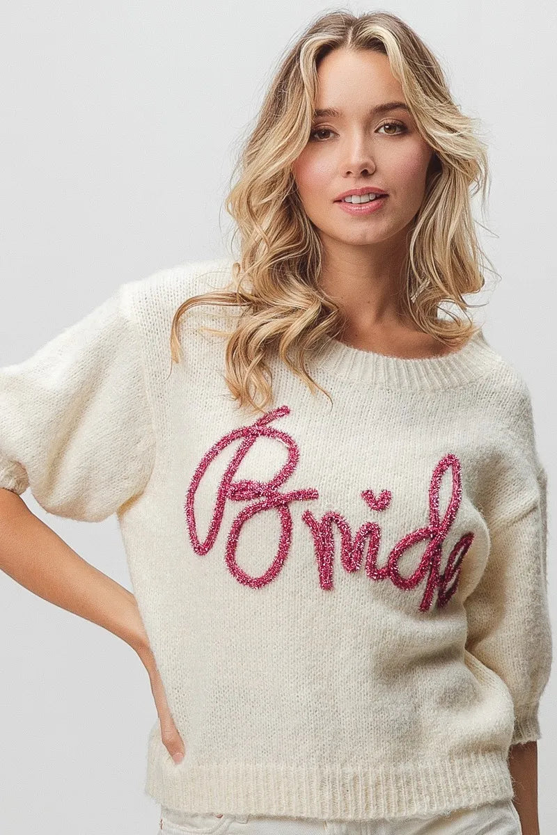 Cream BiBi metallic bride sweater with pink sequin heart