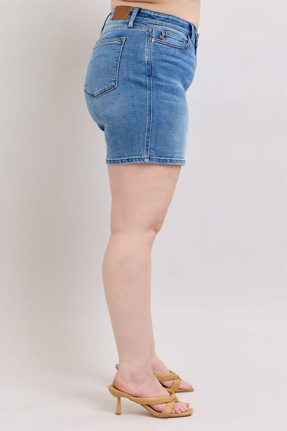 Judy Blue Full Size 2 Button Denim Shorts with Pockets Plus Size - DAVERRI FASHIONS