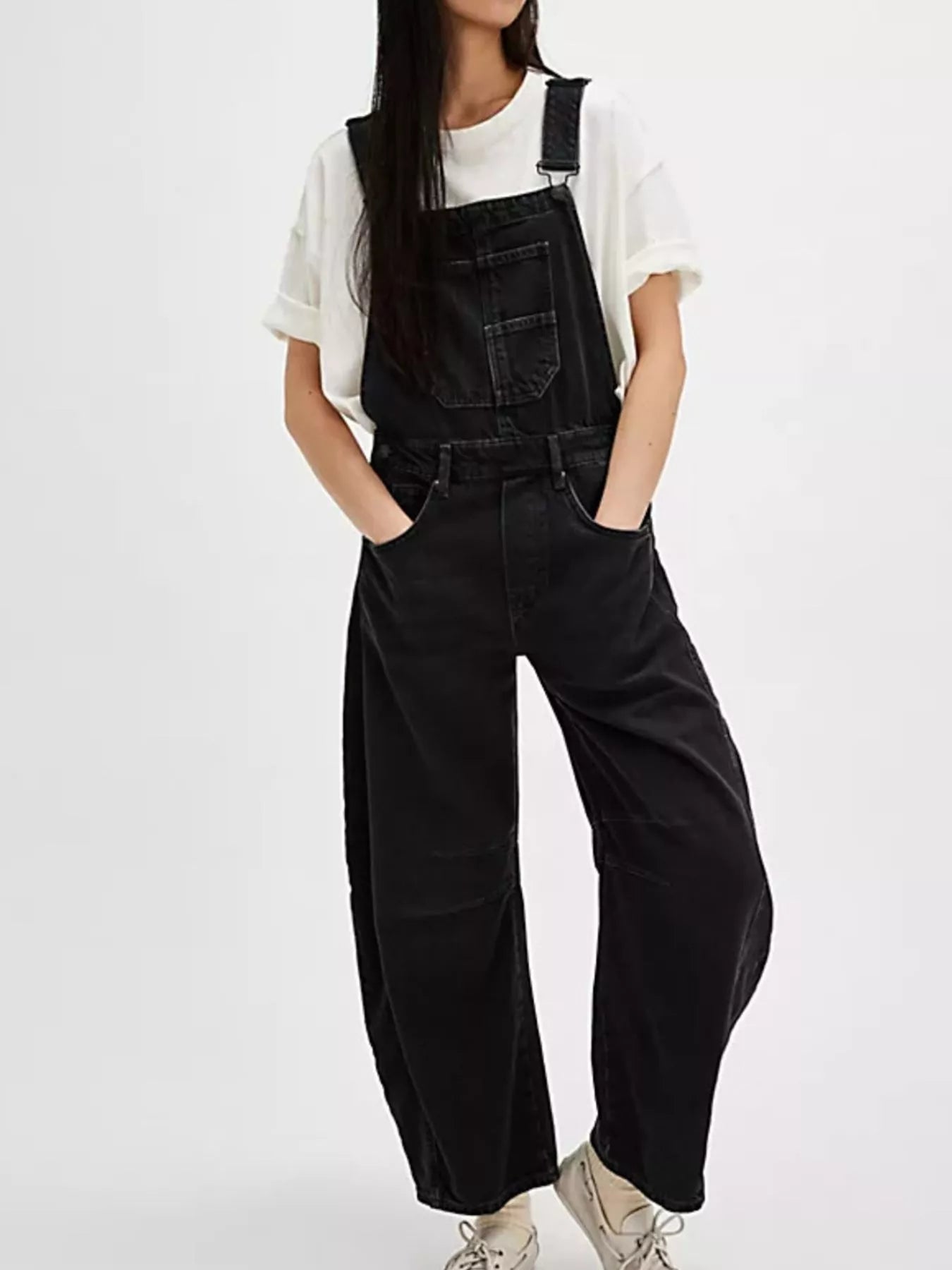 Wide strap wide leg black denim overalls relaxed fit