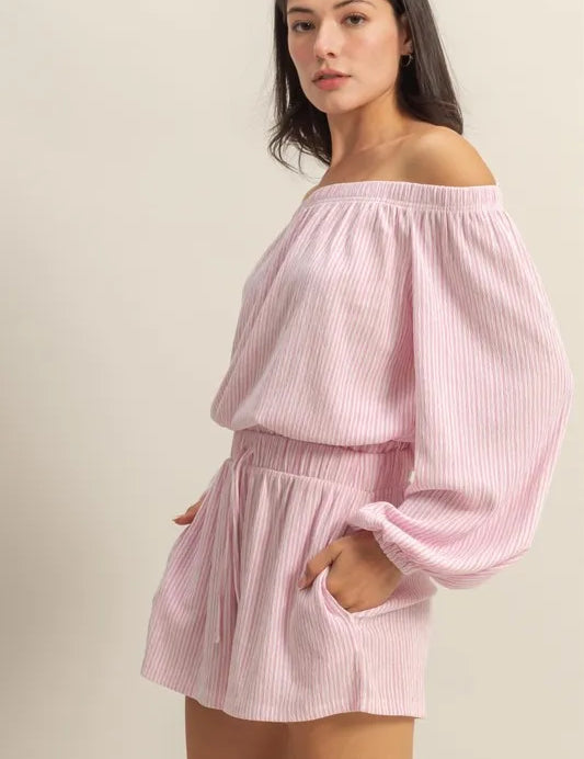 PINK WHITE HYFVE Off Shoulder Top and Shorts Set | Outfit Sets Daverri Fashions