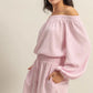 HYFVE Off Shoulder Top and Shorts Set PINK WHITE