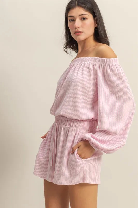 HYFVE Off Shoulder Top and Shorts Set PINK WHITE