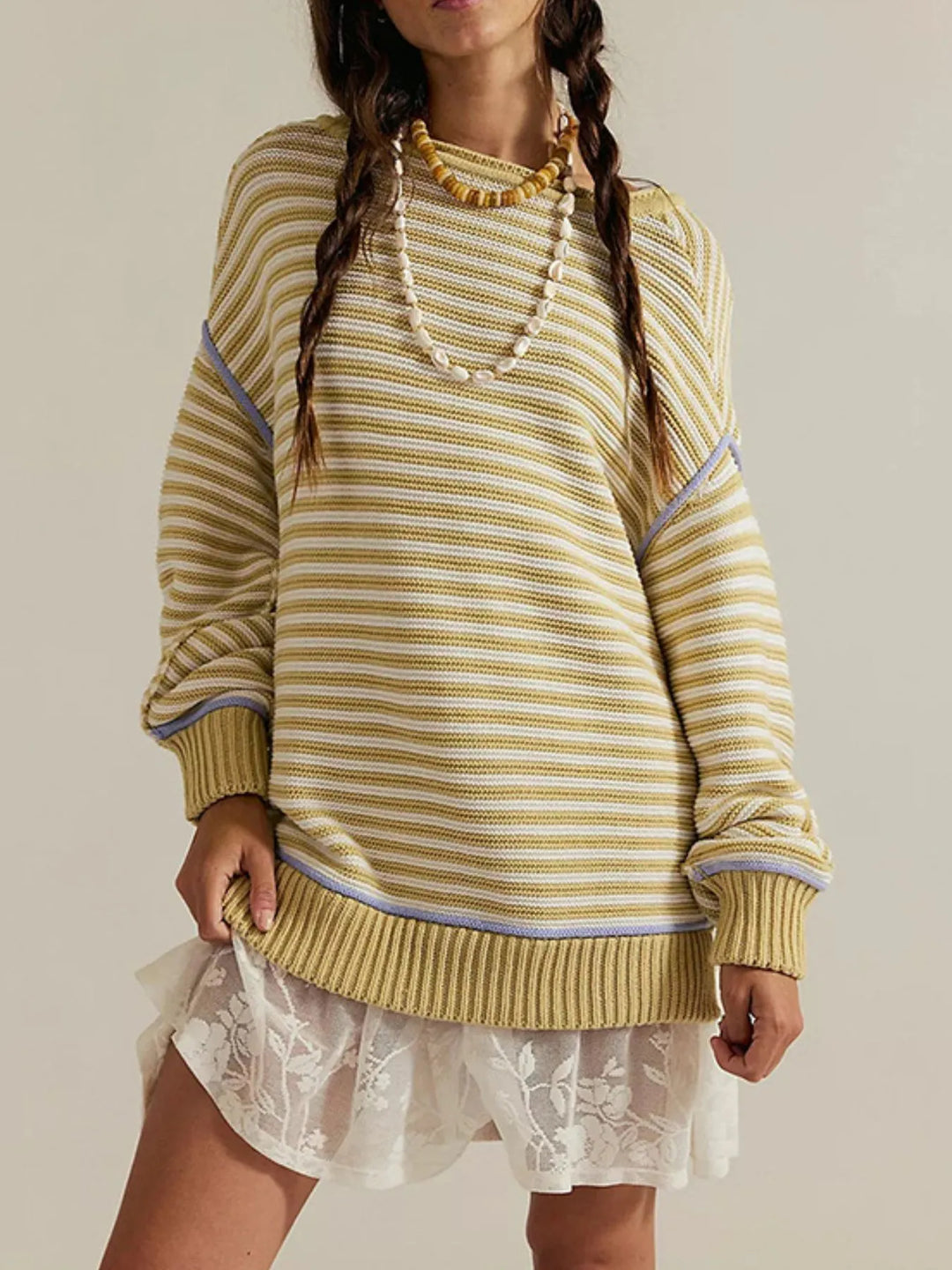 Yellow Slit Striped Oversized Sweater | Sweaters Daverri Fashions