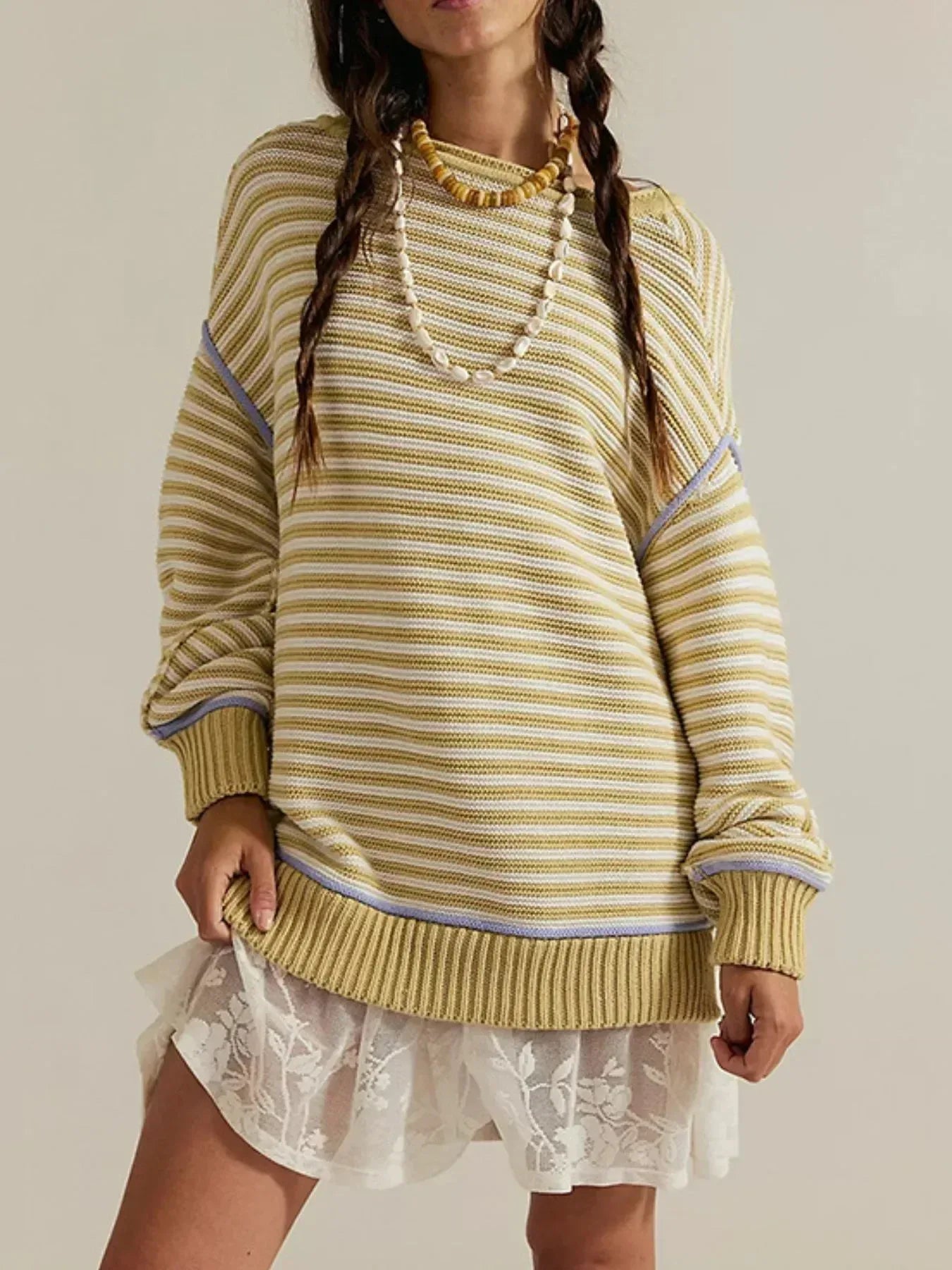 Slit Striped Oversized Sweater - DAVERRI FASHIONS