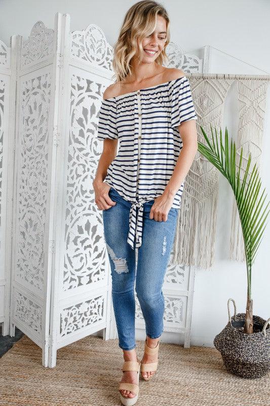 STRIPE OFF SHOULDER BUTTON DOWN TOP Shirts & Tops