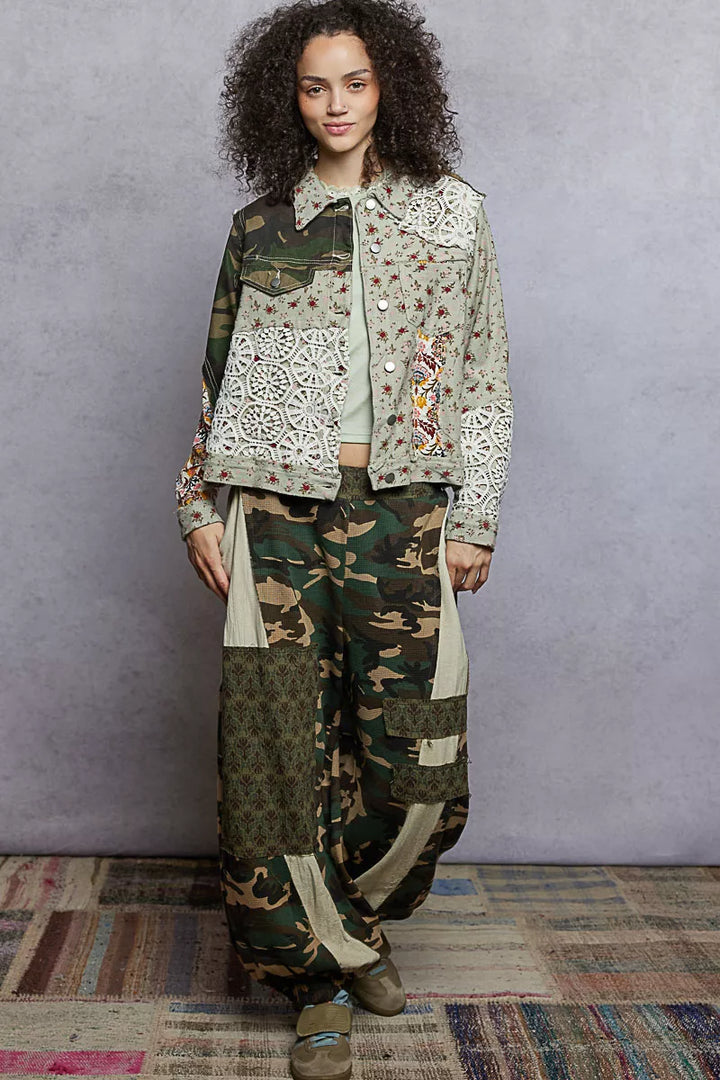 POL Floral Printed French Terry Jacket with Crochet Contrast | Jackets Daverri Fashions