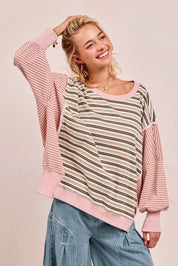 BiBi Stripe Mixed Top With Cut Edge And Reverse Outseam | Sweatshirts Daverri Fashions