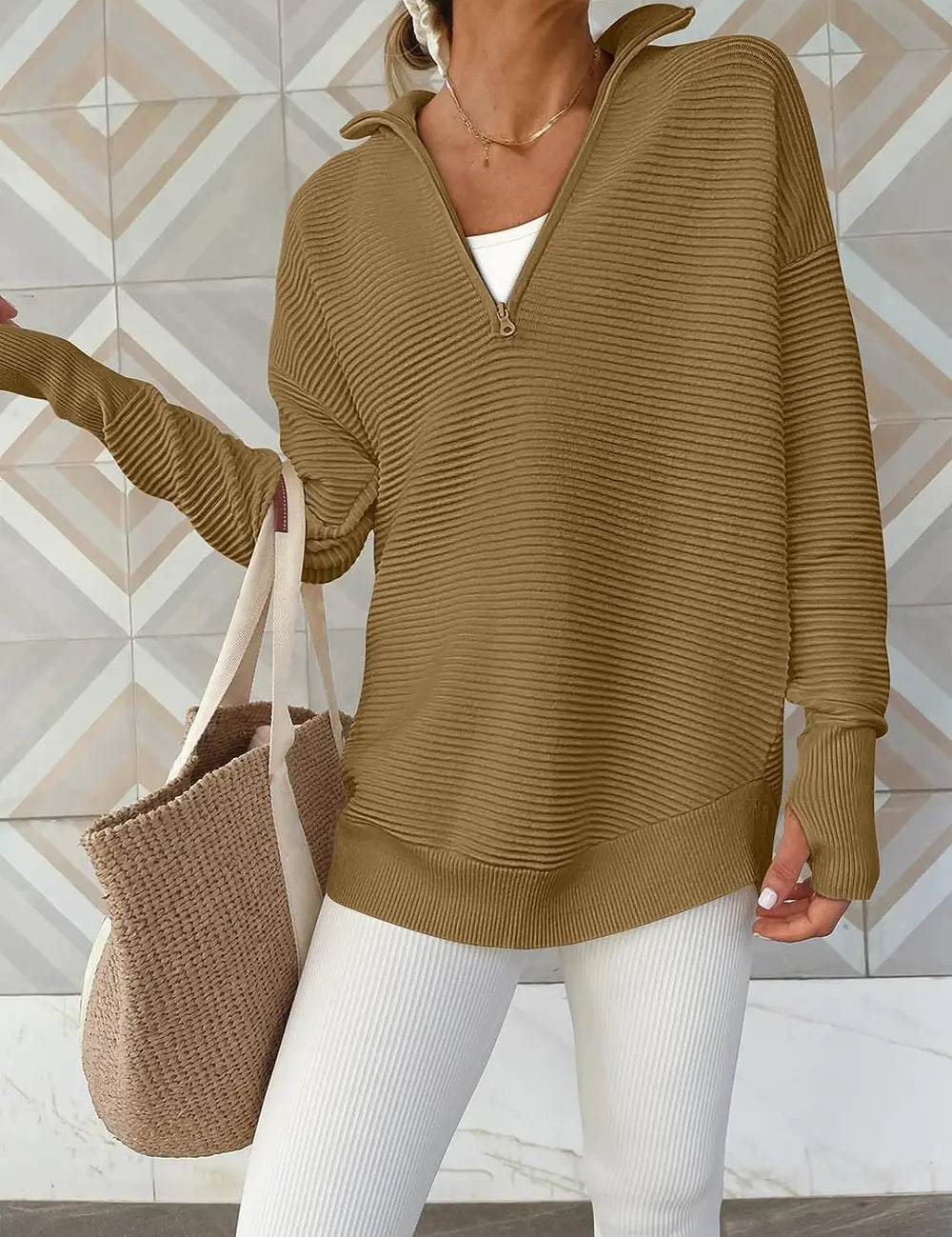 Half Zip Long Sleeve Knit Top | Knit Tops Daverri Fashions