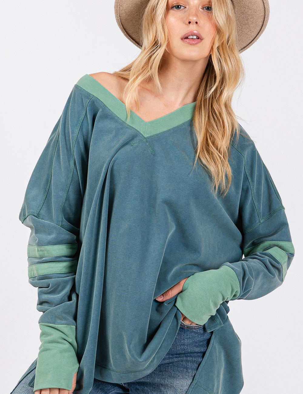 SAGE + FIG Mineral Wash Side Slit Contrast Top Teal