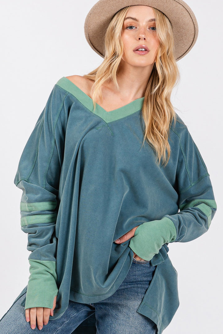 SAGE + FIG Mineral Wash Side Slit Contrast Top Teal M Tops