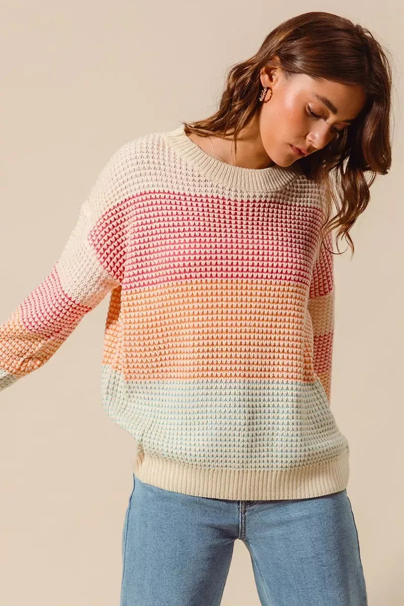 SO ME Multi Color Block Long Sleeve Sweater - DAVERRI FASHIONS